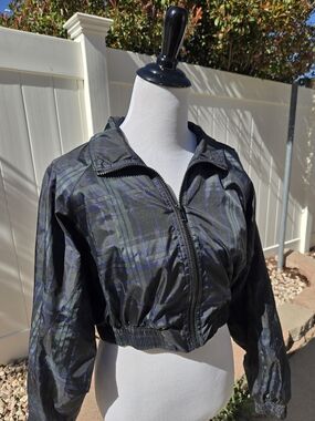 wild fable Black and Blue Plaid Cropped Bomber Jacket
